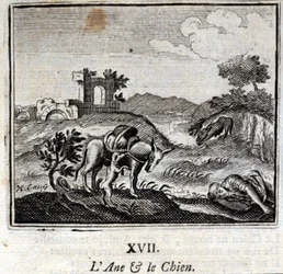 A szamár és a kutya. Jean de La Fontaine (1621-95) meséi. François Chauveau (1613-1676) illusztrációja. 1728-as kiadás.