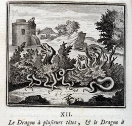 A sárkánynak több feje van, és a sárkánynak több farka van. Jean de La Fontaine (1621-95) meséi. François Chauveau (1613-1676) illusztrációja. 1728-as kiadás.