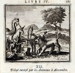 Az Állatok tisztelgés Sándornak. Jean de La Fontaine (1621-95) meséi. Illusztráció: Francois Chauveau (1613-1676). 1728-as kiadás.