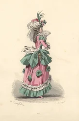 Divatos nő rozettás ruhában, Marie Antoinette korszaka