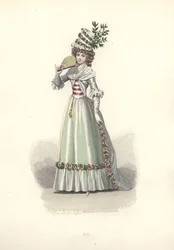 Nő virággal díszített ruhában, Marie Antoinette korszakában.