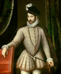 IX. Károly (1550-1574) francia király portréja lábán. Részlet. Francois Clouet (1515-1572) festménye