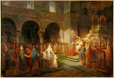 Kis Pippin felszentelése II. István pápa által a Saint-Denis-apátságban 754. július 28-án. François Dubois (1790-1871) festménye, 1837, 0,62 x 0,91 m, Versailles, Versailles és Trianon kastélyai