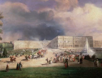 Lajos Fülöp francia király, családja és Kent hercegnője részt vett a Grandes Eaux-n Versailles-ban, Franciaországban, 1844. május (Részletfestmény