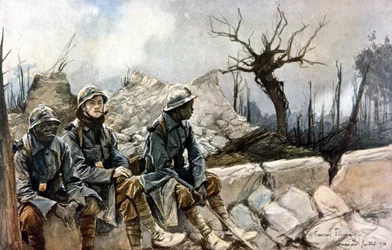 3 francia katona ül a dampierre-i templom romjai előtt. Háború 1914 - 1918. Párizs, Musée de l