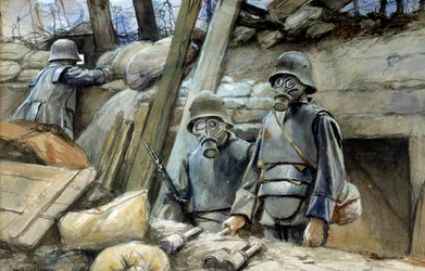 Első világháború: német katonák lövészárok-páncélzattal és gázálarccal, 1917. augusztus. François Flameng (1856-1923) akvarellje. 0,3 x 0,48 m. Párizs, Musée de l