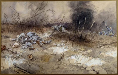 Első világháború: jelenet a La Craonne-i csatából 5/04/1917. Gyalogos katonák holttestei hevernek a szögesdrót között. François Flameng (1856-1923) akvarellje. Nap. 0,3 x 0,56 m. Párizs, Musée de l