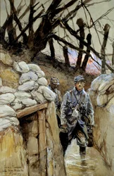 Első világháború: „Egy katona levesosztó szolgálatban a Notre-Dame-de-Lorette-i lövészárokban, 28/06/1915”. François Flameng (1856-1923) akvarellje, 1915 június, nap. 0,3 x 0,48 m, Párizs, Musée de l