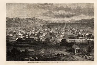 Panoráma a nagy piszkos tó városáról, a szenteket idézve (Utah), Ferogio rajza, hogy illusztrálja Richard Burton 1860-ban tett utazását a szentek városába, a mormonok földjének fővárosába. Metszet a „Le tour du monde”-ban ””, szerkesztette Edouard Charto