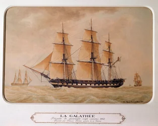 A Galathee, 47 ágyúból álló fregatt 1812-ben. Francois Roux festménye (1811 - 1882). Metszet 1880-ból. Párizs, Musee De La Marine.