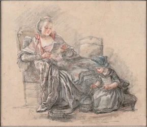 Olvasó nő és egy lány, aki de Pompadour márkinét játszik lányával, Alexandrine-nal, 1748 körül