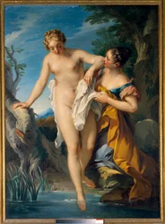 Egy fürdőző nő és kísérője. François Le Moyne (1688-1737) festménye. 18. század. Méret: 1,63 x 1,17 m. Tours, Musée des Beaux-Arts