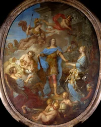 XV. Lajos király (1710-1774) békét adott Európának Allegória a sevillai békeszerződés idején, Minerva istennőt ábrázolják. Francois le Moyne (1688-1737) festménye 1729 V. 3,82x2,95 m .