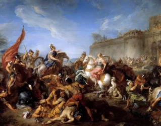 Tankréd fegyvereket ad Clorindának, illusztráció Torquato Tasso, Le Muche néven ismert szerző „A megszabadított Jeruzsálem” (La Gerusalemme liberata) című költeményéhez