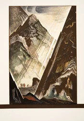 Prométheuszt a Sziklára szögezte Hephaestus, Kratos és Bia, a Prométhée Enchaîné-ból Aiszkhülosz, kocsma. 1941 (pochoir print)