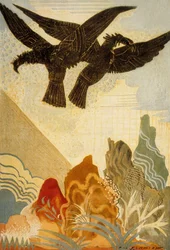 Homérosz Odüsszeiája: a jövendölés sasai, Theo Schmied metszete, 1930-33, színes litográfia