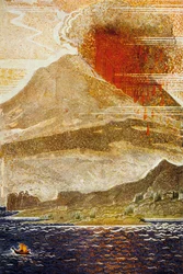 Homérosz Odüsszea: Ulysses közeledik a küklopsz vulkán szigetéhez, metszett Theo Schmied, 1930-33 színes litó