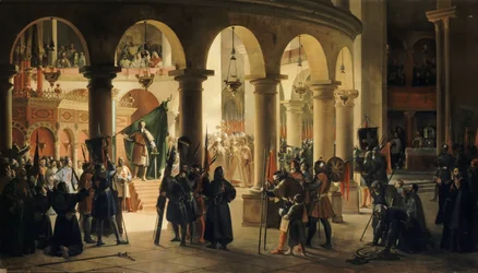 Godefroy de Bouillon letétbe helyezi Ascalon trófeáit a Szent Sír templomban