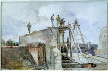 Építés alatt álló házépítés az intézet Granet ablakából nézve. Francois Marius Granet (1775-1849) akvarellje. 19. század. Homályos. 0,25x0,38 m. Párizs, Louvre Múzeum