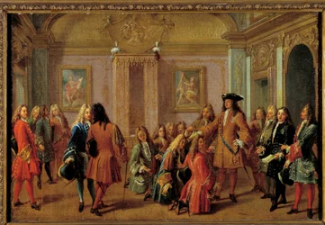 XIV. Lajos Versailles-ban 1693. május 8-án a Saint-Louis Lovagrend első előléptetése Francois Marot festménye (1666-1719) 17. század V. 51 x 0,76 m.