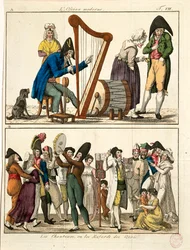 A modern Ossian és az utcai énekesek karikatúrája, Francois Nicolas Martinet, metszet