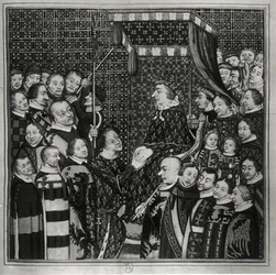 II. Lajos (1337-1410) Kelemen gróf, V. Károly (1338-80) előtt tiszteleg egy 14. századi miniatűr másolata (akvarell papíron) (f/w fotó)