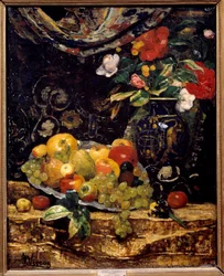Virágok és gyümölcsök. Francois Vernay festménye (1821-1896)