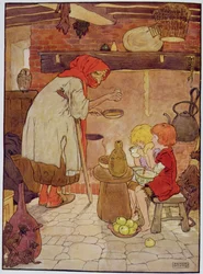 Jancsi és Juliska ételt kap a boszorkánytól, illusztráció Frank Adams „The Beautiful Book of Nursery Rhymes, Stories and Pictures“ című művéből, a Blackie und Son kiadásában