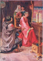 „A zarándok és a királynő” Dante G. Rossetti (1828-82) „The Staff Scrip” című művéből, M. D. Belgrave és H. Hart „Gyermektörténetei a költőktől” című művében illusztrálva (színes litó)