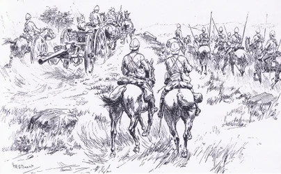 Bullers lovasság és tüzérség előrenyomulva Bergendalon, illusztráció: Pretoria után: A gerillaháború, 1902