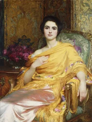 Elsa, William Hall lányának portréja, háromnegyed alak, ülve, rózsaszín ruhában és sárga kendőben, 1927