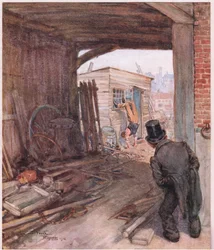 Úti céljához érve az első tárgy, amely a szeme elé került, egy pár igen tökéletlenül felhúzott cipős láb volt a levegőben, 1920 körül
