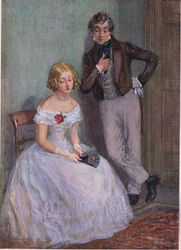"Biztos vagyok benne, hogy nem tudom, mire gondol, Mr Swiveller" - mondta Miss Sophy lesütött szemmel , 1920 körül (színes litográfia).