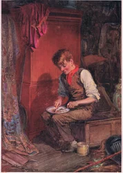 Kit egy nagy szelet kenyeret és húst vitt egy sarokba, és nagy mohósággal eltüntette azt, 1920 körül (színes litográfia).
