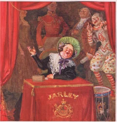 Mrs Jarley a fizetőhelyen ült, és ezüstpénzeket csörgetett déltől estig, 1920 körül (színes lithó).