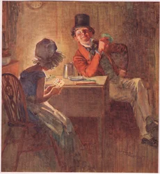 A márkinő nagyon szorosan tartja a kártyáit mindkét kezében, mérlegeli, hogy melyik kártyát játssza ki, 1920 körül (színes litográfia)