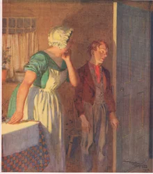 A gyermek az ajtóhoz sietett, és olyan gyorsan eltűnt, ahogy jött, 1920 körül (színes litográfia).