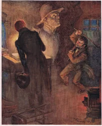 A törpe eldobta az újságot, amelyből a már idézett szavakat skandálta, és megragadott egy rozsdás vasrudat, 1920 körül (színes litográfia).