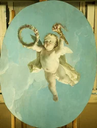 Egy putti repül koszorúval és fáklyával,