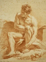 Ülő akt bottal, balra puttókat ábrázoló dombormű, 1738