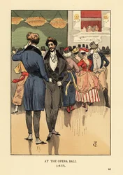 Fops kabátban farokkal, mellény, szűk nadrág és fehér harisnya. Emberek díszruhában és álarcban mögöttük. Az 1835-ös Operabálon. R.V. kézzel színezett litográfiája. Francois Courboin illusztrációja után Octave Uzanne Párizsi divat című művéből Will