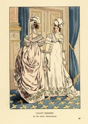 Nők tollas fejdíszben és luxus hímzett ruhákban, XVIII. Lajos király udvara, 1817 körül. Belseje kék függönnyel és fleur de lys szőnyeggel. Udvari ruhák a korai restaurációban, Párizsban. R.V. kézzel színezett litográfiája. illusztráció után