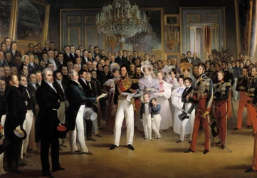 1830-as forradalom: „” A Képviselőház bemutatja I. Lajos Fülöp (1773-1850) orléans-i hercegnek a trónra hívó törvényt és az 1830-as Chartát a királyi palotában 08.07. 1830”” Részlet. Francois Joseph Heim festménye (1787-18