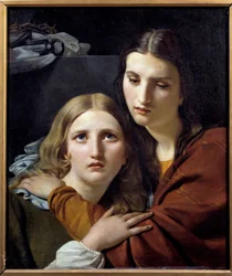 Szent nők meditálnak a szenvedély tárgyaival. Két fiatal nő áhítatos jelenete. Joseph Navez (1787-1869) festménye 19. század V. 0,64x0,54 m párizsi Louvre múzeum