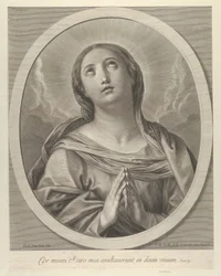 A Szűzanya imában, felhőkkel a háta mögött, ovális keretben, Reni után, ..., 1648-81.