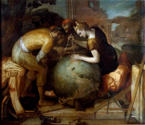 Geometria. Geometria allegóriája és megszemélyesítése, aki egy kompászt tart a földgömb felett. Különböző geometriai műszerek helyezkednek el az előtérben. Frans Floris (1515-1570) festménye. flamand művészet. Magángyűjtemény, Genes.