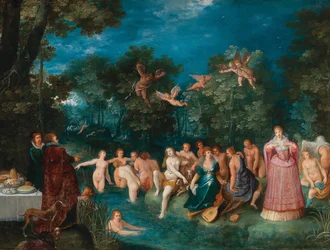 Diana és nimfái fürdőznek, szarvasvadászattal a háttérben, 1606 körül.