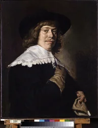 Egy kesztyűt tartó férfi portréja. Egy kesztyűt tartó fiatalember portréja. I. Frans Hans Hals (1581-1666) festménye, 1650 körül. Olaj, vászon. Holland művészet, barokk stílus. Ermitázs Múzeum, Szentpétervár.