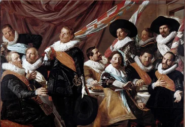 A haarlemi Szent György íjásztestület tisztjeinek lakomája. Frans Hals festménye (kb. 1580-1666), 1627. Nap. 179 x 257.5 cm, Haarlem, Frans Hals Múzeum, Hollandia