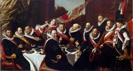 A haarlemi Szent György íjásztestület tisztjeinek lakomája. Franz Hals festménye (kb. 1580-1666), 1616. Sun. 170 x 120 cm. Haarlem, Frans Hals Múzeum, Hollandia